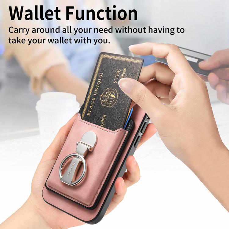 For Huawei Mate 70 Retro Folding Ring Holder Card Bag MagSafe Phone Case(Pink)