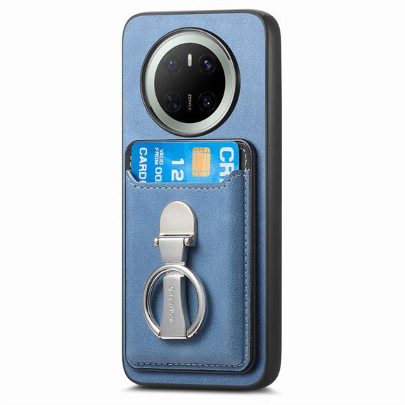 For Huawei Mate 70 Retro Folding Ring Holder Card Bag MagSafe Phone Case(Blue)