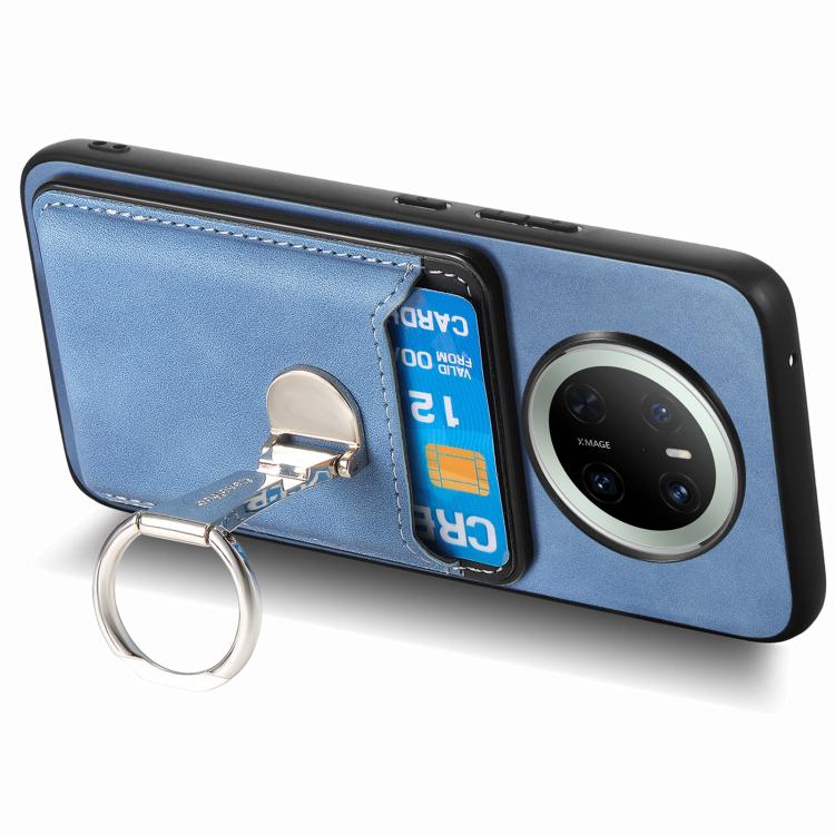 For Huawei Mate 70 Retro Folding Ring Holder Card Bag MagSafe Phone Case(Blue)