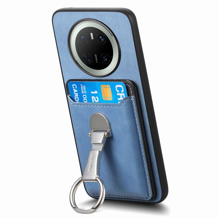 For Huawei Mate 70 Retro Folding Ring Holder Card Bag MagSafe Phone Case(Blue)