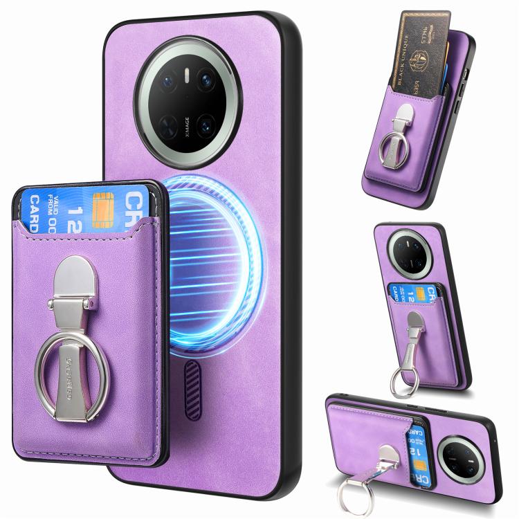 For Huawei Mate 70 Pro Retro Folding Ring Holder Card Bag MagSafe Phone Case(Purple)