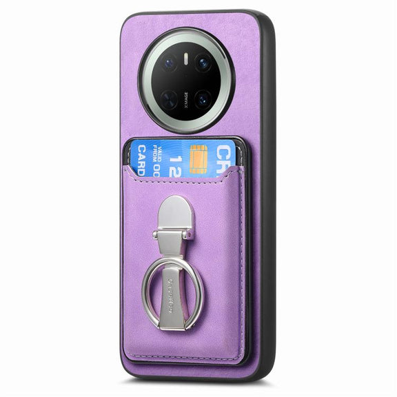 For Huawei Mate 70 Pro Retro Folding Ring Holder Card Bag MagSafe Phone Case(Purple)