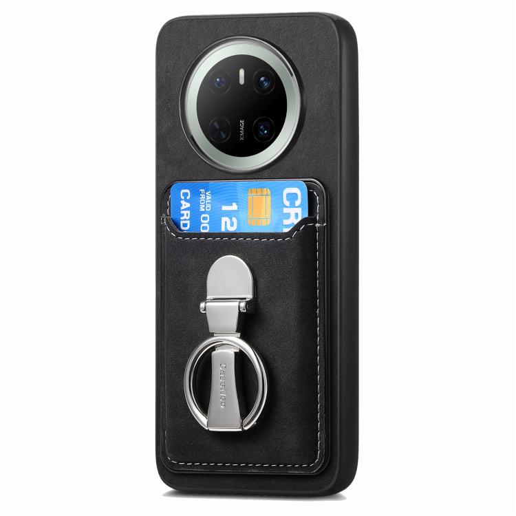 For Huawei Mate 70 Pro Retro Folding Ring Holder Card Bag MagSafe Phone Case(Black)