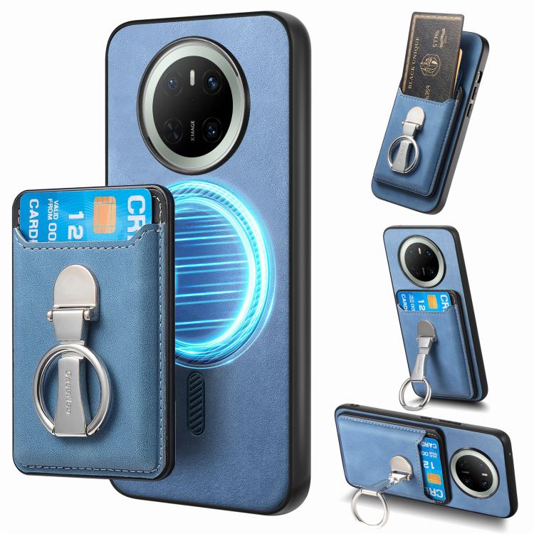 For Huawei Mate 70 Pro Retro Folding Ring Holder Card Bag MagSafe Phone Case(Blue)