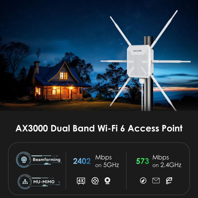 WAVLINK WN588HX3 AX3000 Outdoor WiFi Extender with 6 Antennas Dual Band WiFi Repeater, Plug:AU Plug