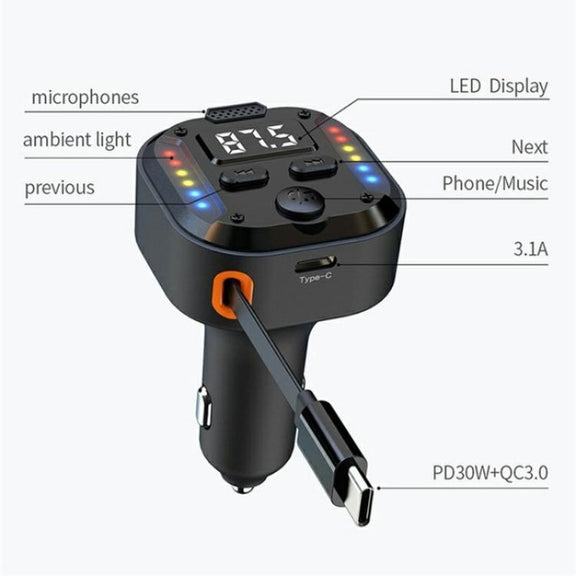 C69 PD 30W Fast Charger FM Transmitter Bluetooth Car Charger with Type-C Extendable Cable