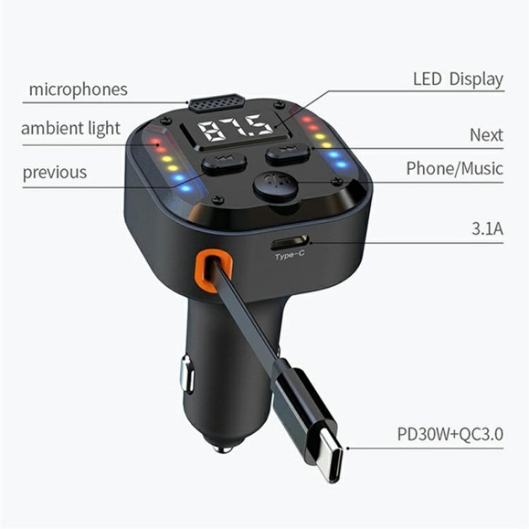 C69 PD 30W Fast Charger FM Transmitter Bluetooth Car Charger with Type-C Extendable Cable