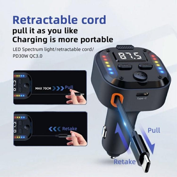 C69 PD 30W Fast Charger FM Transmitter Bluetooth Car Charger with Type-C Extendable Cable