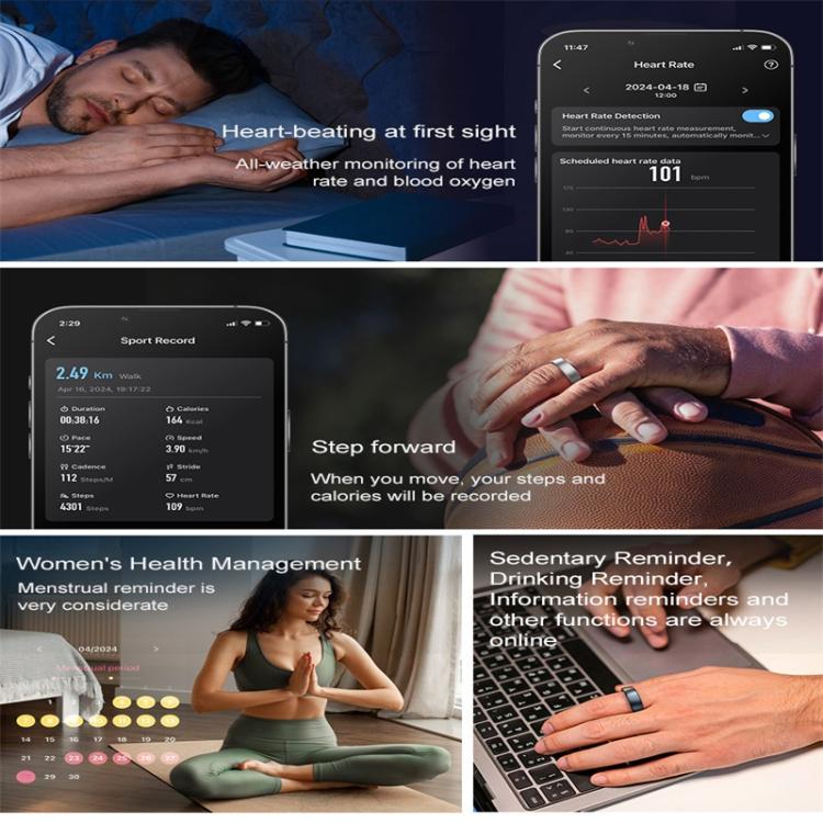 R10 SIZE 8 Smart Ring, Support Heart Rate / Blood Oxygen / Sleep / Multiple Sports Modes(Black)