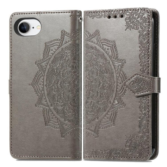 For iPhone 16e Mandala Flower Embossed Leather Phone Case(Gray)