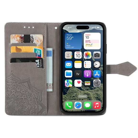 For iPhone 16e Mandala Flower Embossed Leather Phone Case(Gray)