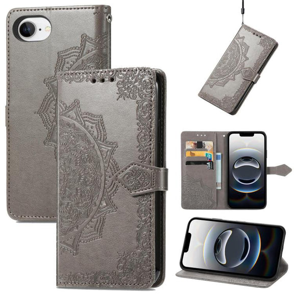 For iPhone 16e Mandala Flower Embossed Leather Phone Case(Gray)