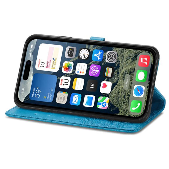 For iPhone 16e Mandala Flower Embossed Leather Phone Case(Blue)