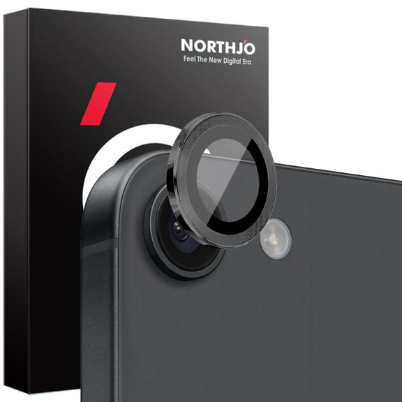 For iPhone 16e NORTHJO Camera Lens Protector CD Metal Ring Tempered Glass Film(Black)