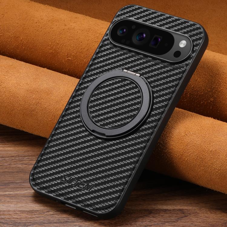 For Google Pixel 9 Pro XL Suteni G3 Carbon Fiber Leather 360 Rotation Holder MagSafe Phone Case(Black)