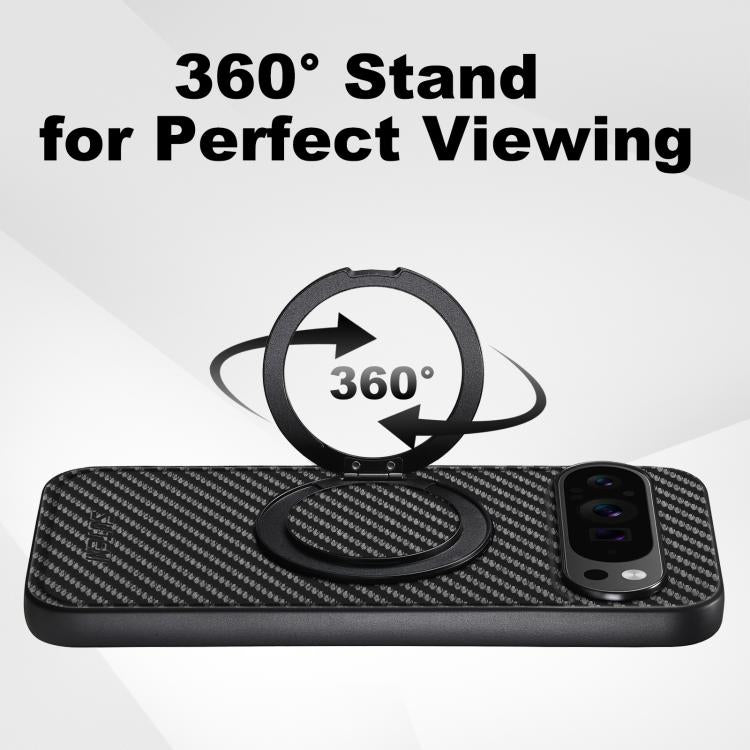 For Google Pixel 9 Suteni G3 Carbon Fiber Leather 360 Rotation Holder MagSafe Phone Case(Black)