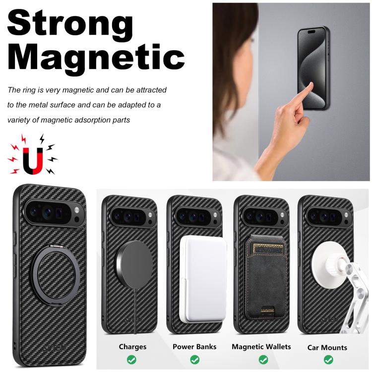 For Google Pixel 8 Suteni G3 Carbon Fiber Leather 360 Rotation Holder MagSafe Phone Case(Black)
