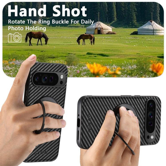 For Google Pixel 7 Suteni G3 Carbon Fiber Leather 360 Rotation Holder MagSafe Phone Case(Black)