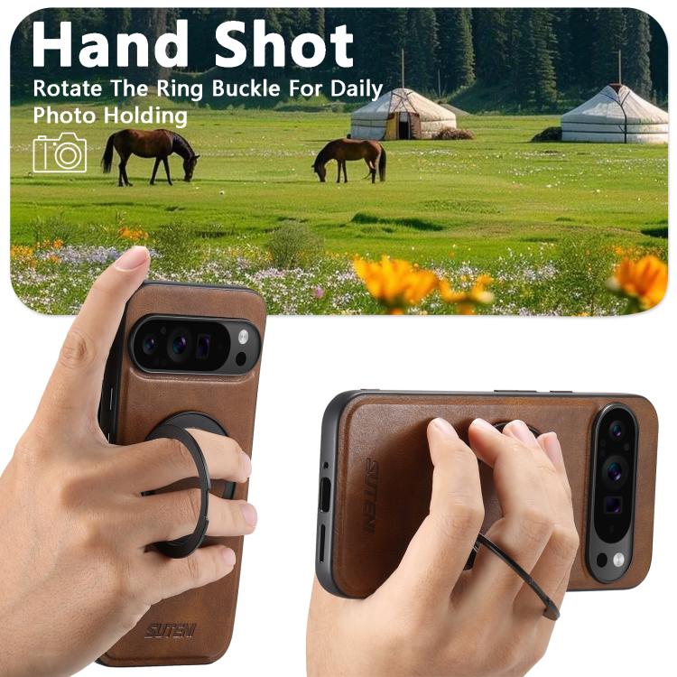 For Google Pixel 7a Suteni G3 Oil Wax 360 Rotation Holder MagSafe Back Phone Case(Brown)