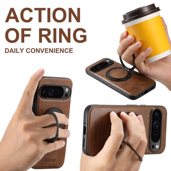 For Google Pixel 6 Pro Suteni G3 Oil Wax 360 Rotation Holder MagSafe Back Phone Case(Brown)
