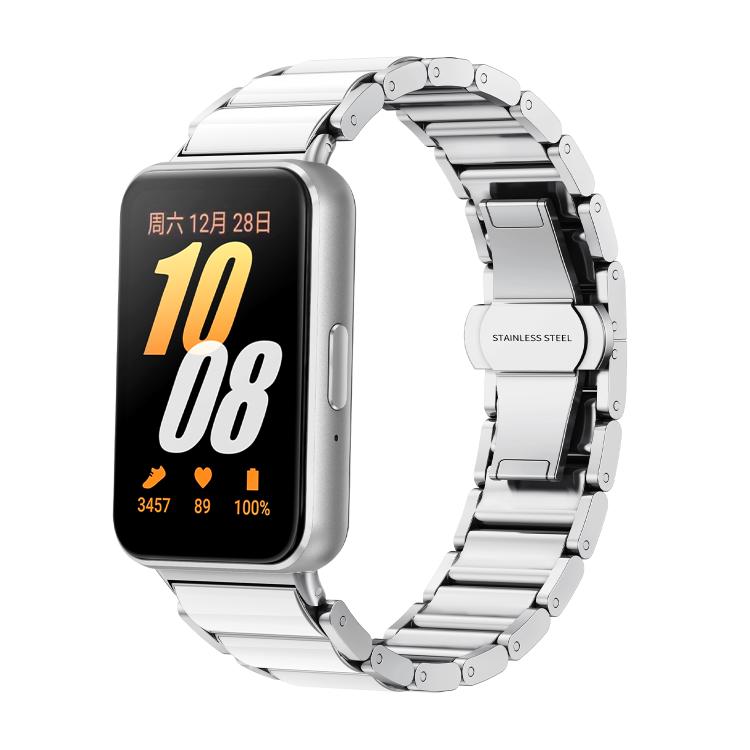 For Samsung Galaxy Fit 3 Butterfly Buckle Ceramic White Metal Watch Band(Silver)