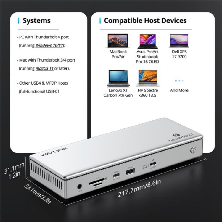 WAVLINK UTD45 96W Charging 8K / 4K Display Thunderbolt 4 Docking Station 13-in-1 Hub(UK Plug)
