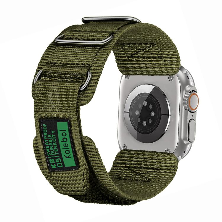 For Apple Watch 46mm / 49mm / 45mm / 44mm Kalebol Hook and Tri-Loop Nylon Watch Band(Army Green)