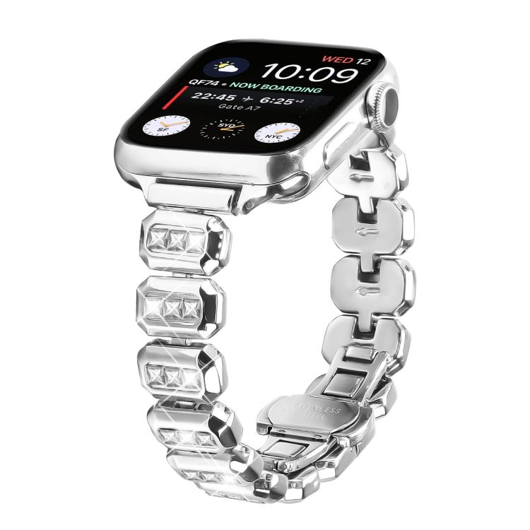 For Apple Watch 46mm / 49mm / 45mm / 44mm Small Square Diamonds Butterfly Buckle Watch Band(Silver)