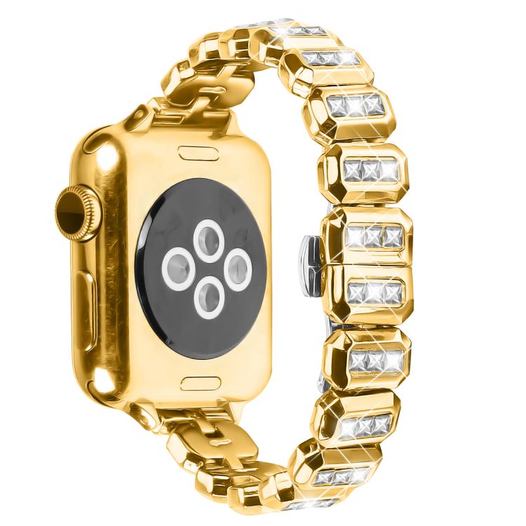 For Apple Watch 42mm / 41mm / 40mm / 38mm Small Square Diamonds Butterfly Buckle Watch Band(Gold)