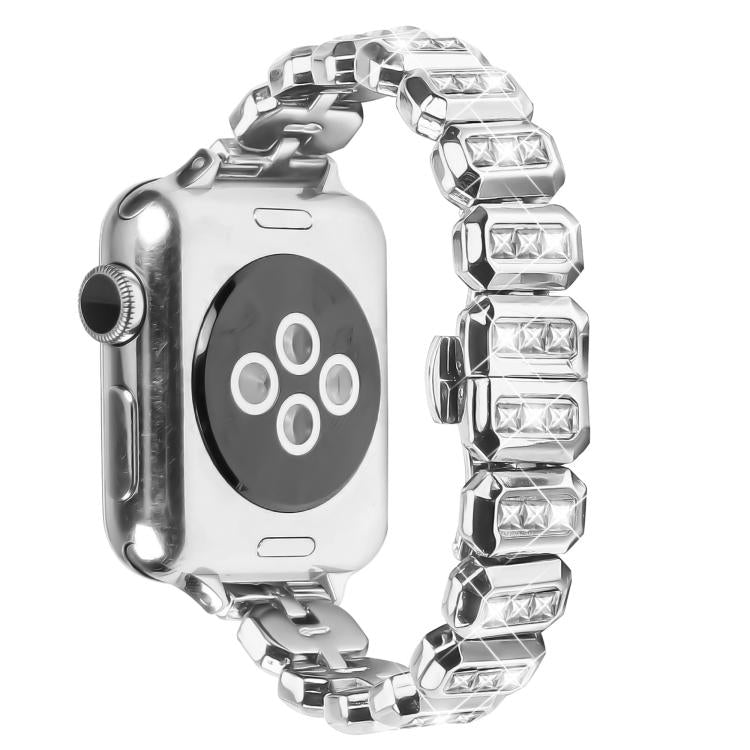 For Apple Watch 42mm / 41mm / 40mm / 38mm Small Square Diamonds Butterfly Buckle Watch Band(Silver)