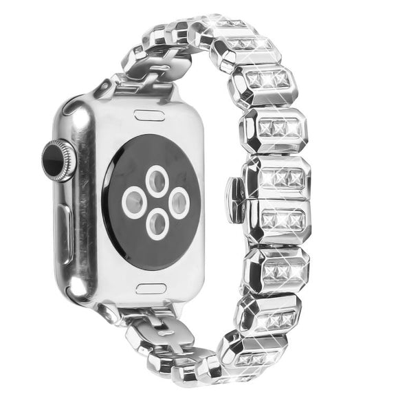 For Apple Watch 42mm / 41mm / 40mm / 38mm Small Square Diamonds Butterfly Buckle Watch Band(Silver)
