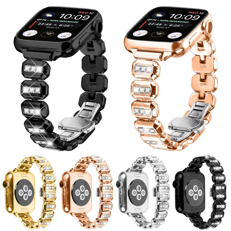 For Apple Watch 42mm / 41mm / 40mm / 38mm Small Square Diamonds Butterfly Buckle Watch Band(Silver)