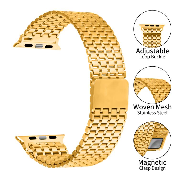 For Apple Watch 46mm / 49mm / 45mm / 44mm Nine-Bead Magnetic Loop Steel Watch Band(Gold)