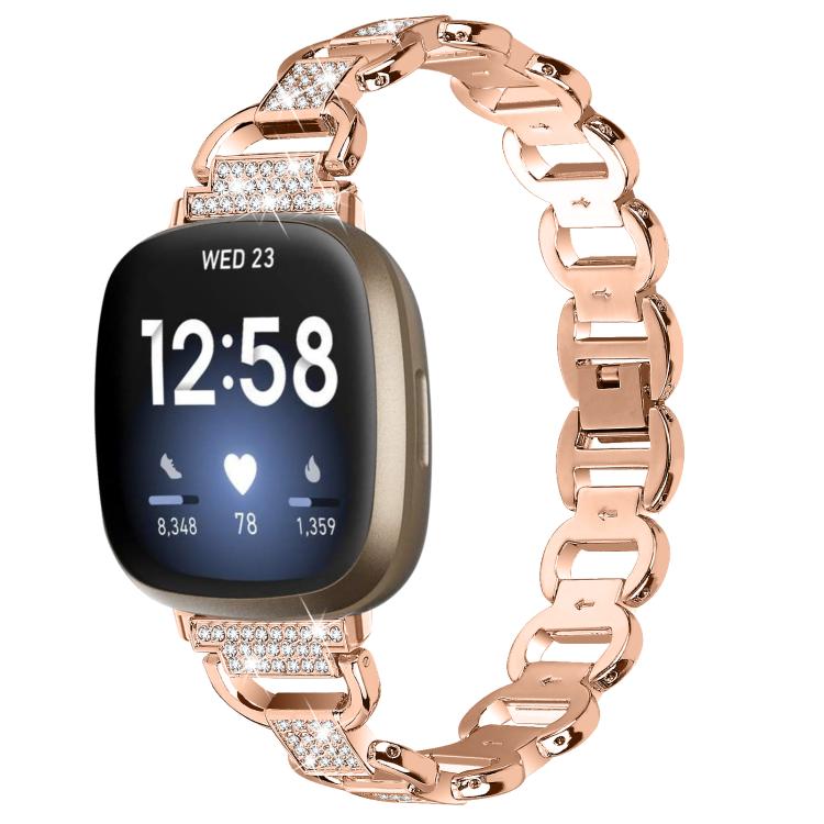 For Fitbit Versa 3 Oval Diamond Stainless Steel Watch Band(Rose Gold)