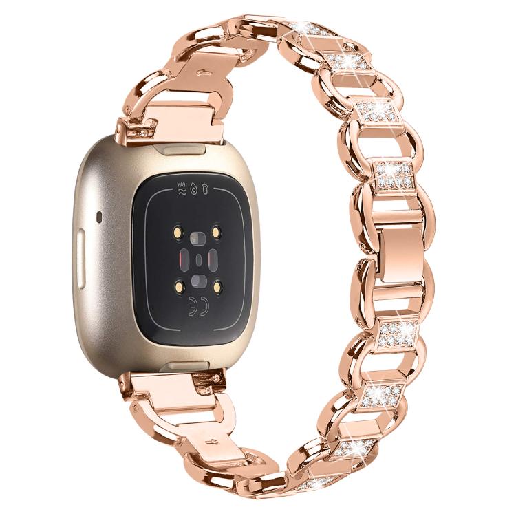 For Fitbit Versa 3 Oval Diamond Stainless Steel Watch Band(Rose Gold)
