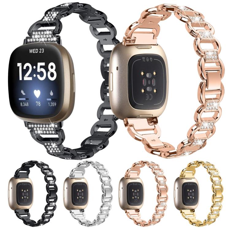 For Fitbit Versa 3 Oval Diamond Stainless Steel Watch Band(Rose Gold)