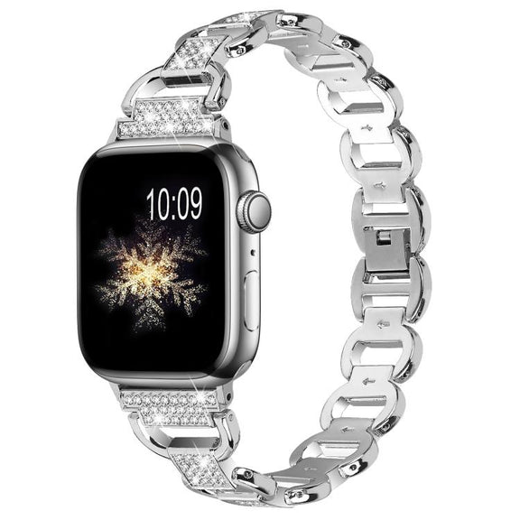 For Apple Watch 46mm / 49mm / 45mm / 44mm Oval Diamonds Steel Watch Band(Silver)