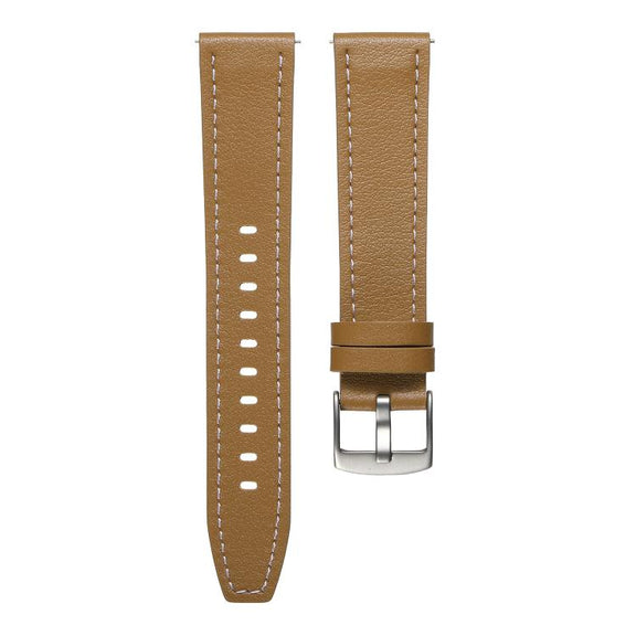20mm Push Button Silver Steel Buckle Genuine Leather Watch Band(Yellow Brown)