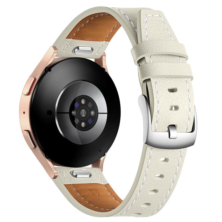 22mm Push Button Silver Steel Buckle Genuine Leather Watch Band(Beige)