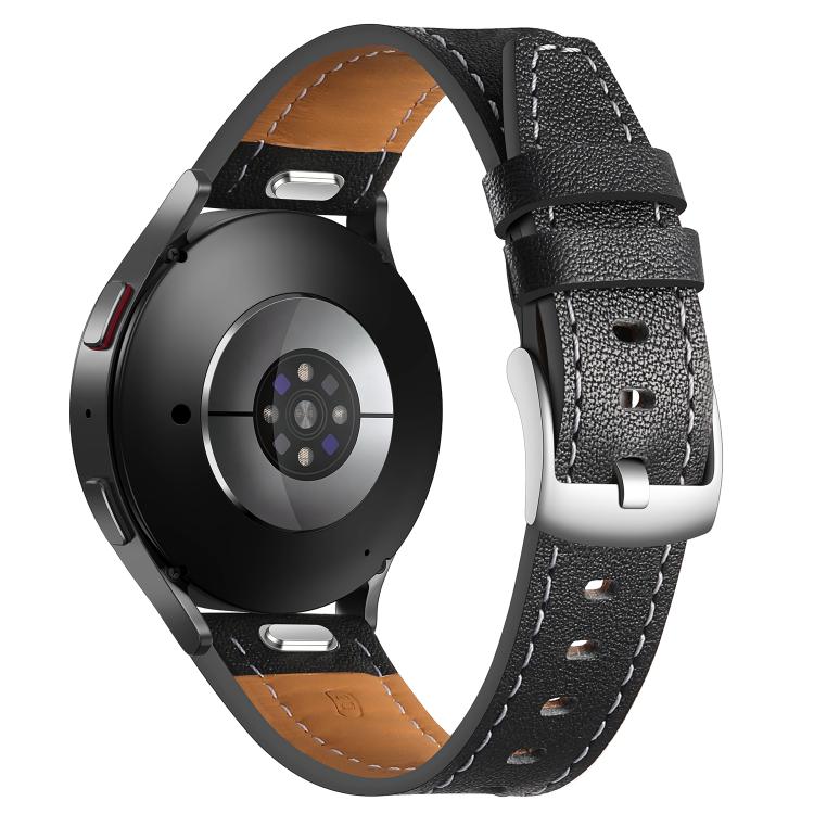 22mm Push Button Silver Steel Buckle Genuine Leather Watch Band(Black)