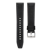 22mm Push Button Silver Steel Buckle Genuine Leather Watch Band(Black)