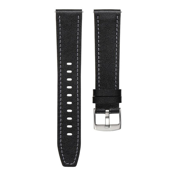 22mm Push Button Silver Steel Buckle Genuine Leather Watch Band(Black)