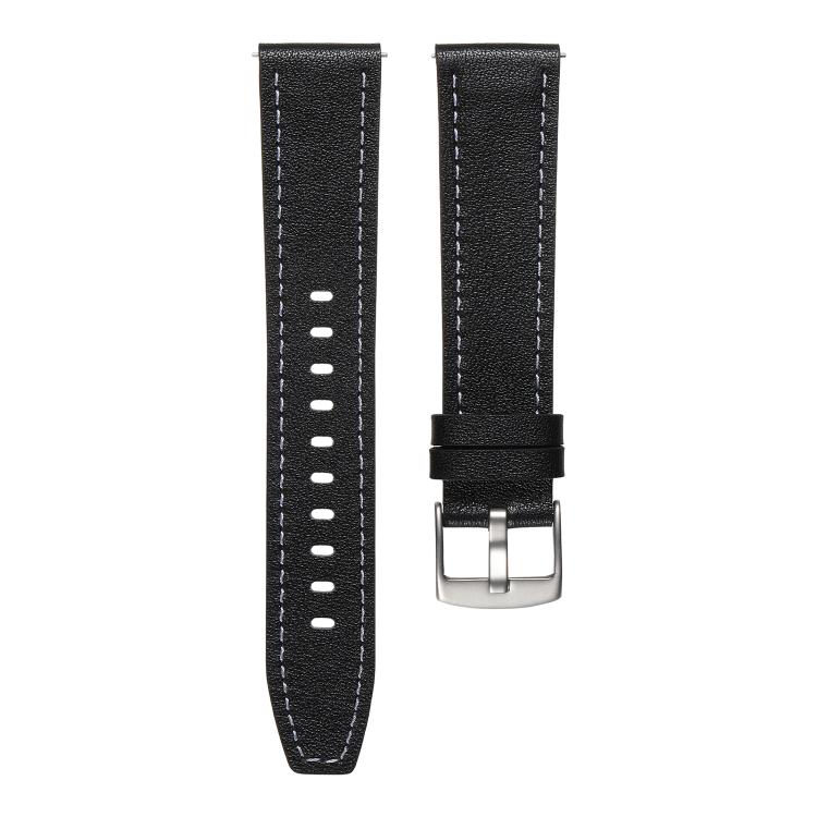 22mm Push Button Silver Steel Buckle Genuine Leather Watch Band(Black)