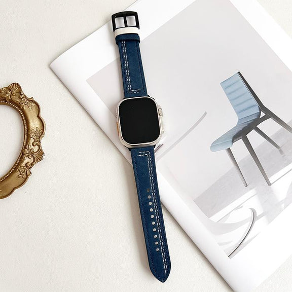 For Apple Watch 46mm / 49mm / 45mm / 44mm 7-Line Tri-Star Buckle Pull Up Leather Watch Band(Dark Blue White Thread)
