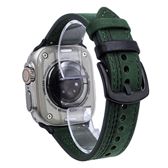 For Apple Watch 46mm / 49mm / 45mm / 44mm 7-Line Tri-Star Buckle Pull Up Leather Watch Band(Crazy Horse Green Black Thread)
