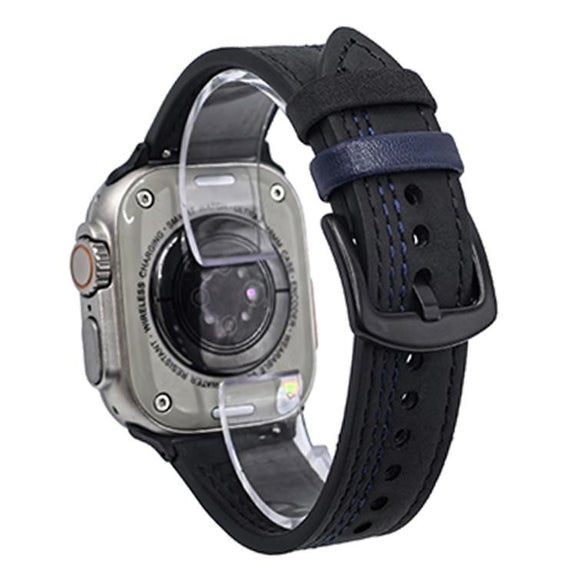 For Apple Watch 46mm / 49mm / 45mm / 44mm 7-Line Tri-Star Buckle Pull Up Leather Watch Band(Black Blue Thread)