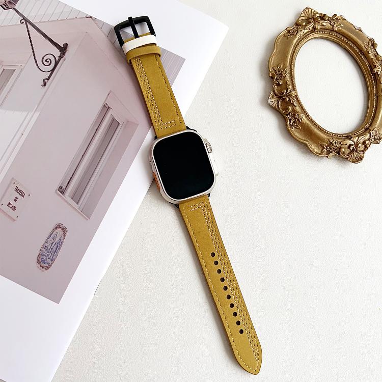 For Apple Watch 46mm / 49mm / 45mm / 44mm 7-Line Tri-Star Buckle Pull Up Leather Watch Band(Light Yellow White Thread)