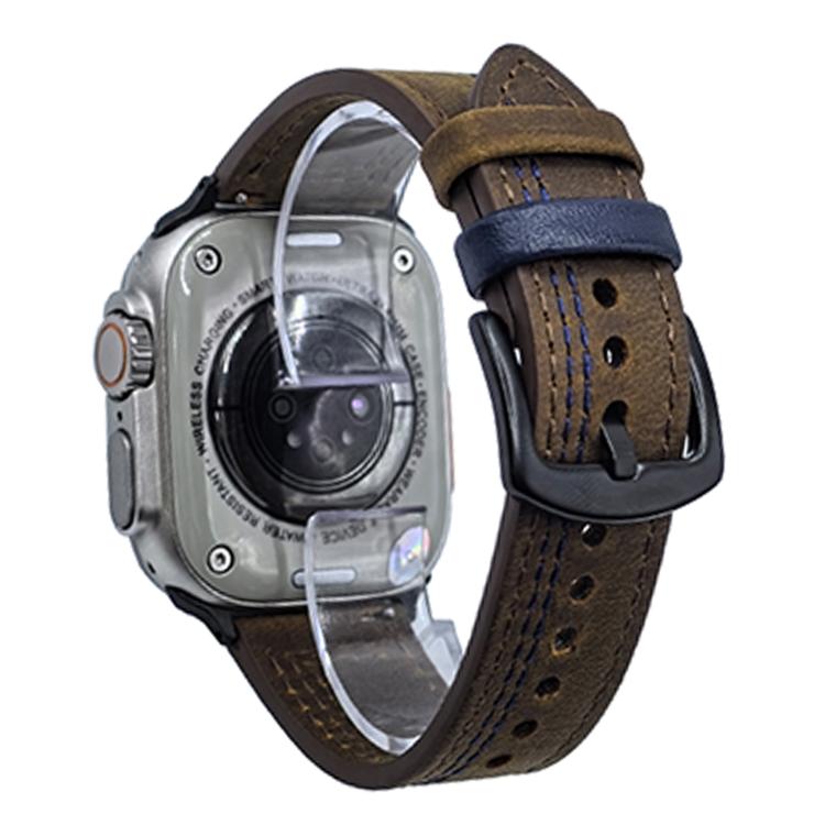 For Apple Watch 46mm / 49mm / 45mm / 44mm 7-Line Tri-Star Buckle Pull Up Leather Watch Band(Crazy Horse Dark Brown Blue Thread)