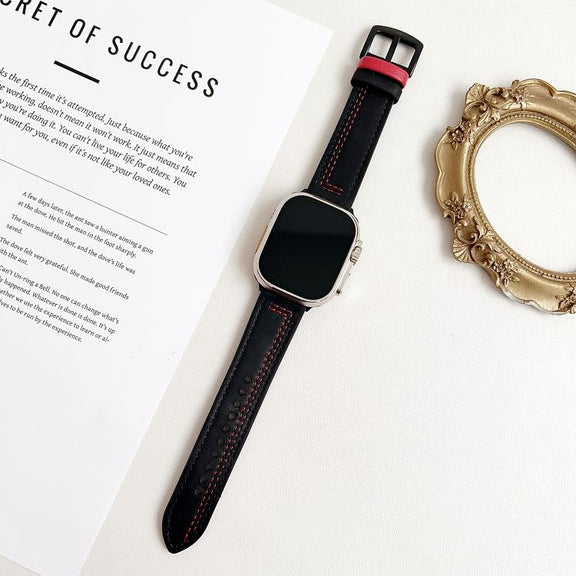For Apple Watch 42mm / 41mm / 40mm / 38mm 7-Line Tri-Star Buckle Pull Up Leather Watch Band(Black Red Thread)