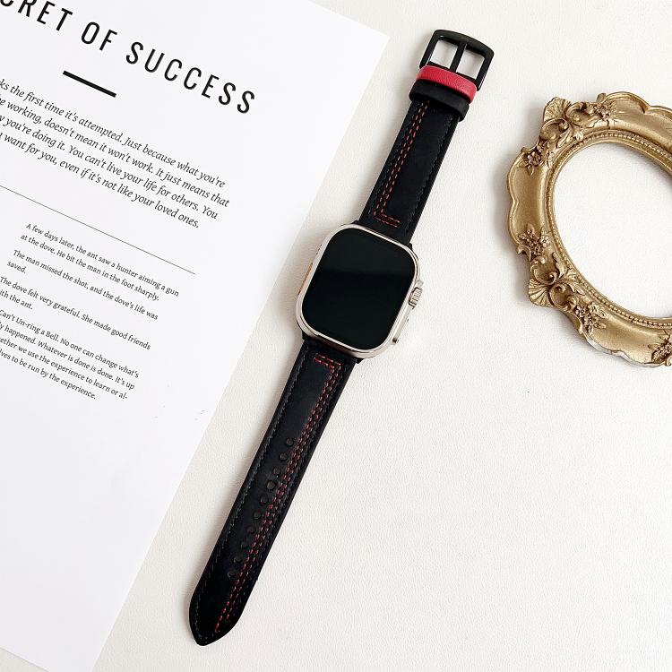 For Apple Watch 42mm / 41mm / 40mm / 38mm 7-Line Tri-Star Buckle Pull Up Leather Watch Band(Black Red Thread)